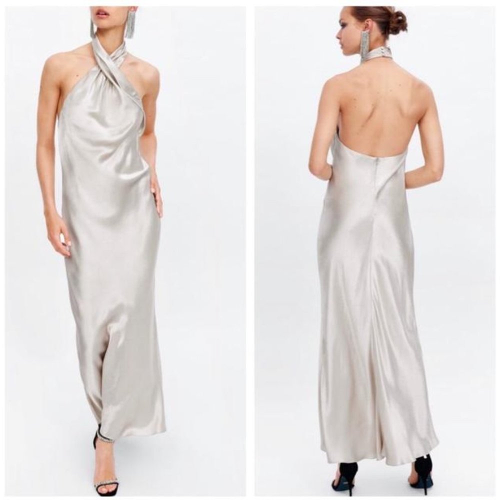 Zara halter neck silver champagne maxi dress limited edition, NWT, S